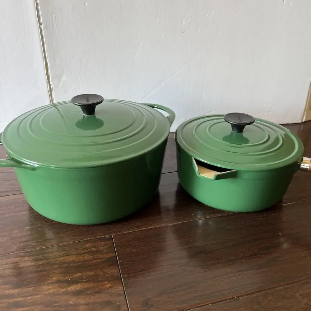 VTG Cousances Le Creuset Green Cast Iron 22 & 18 Set Dutch Oven 3.5 & 1.75 Qt